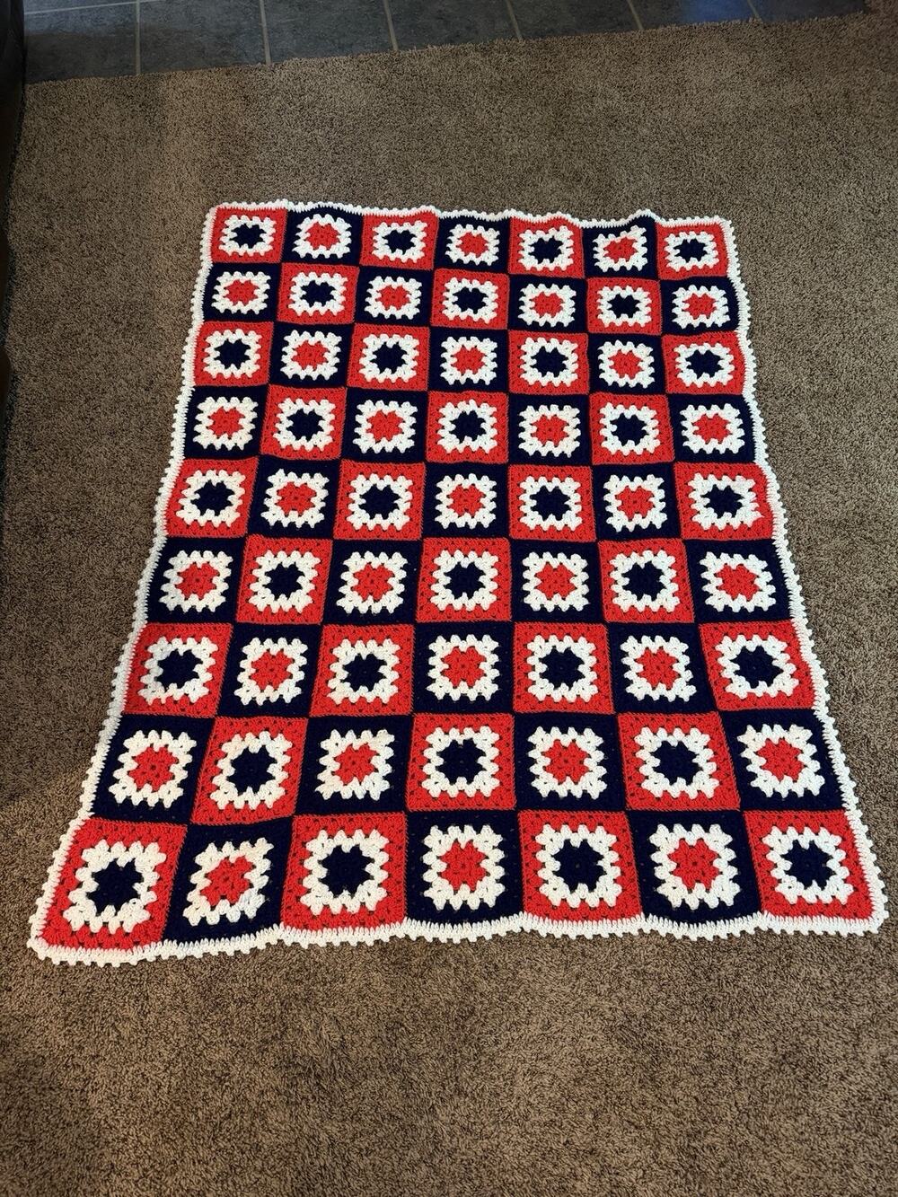 Vintage Crochet Afghan Blanket Granny Square Red White Blue Background 57”x44”